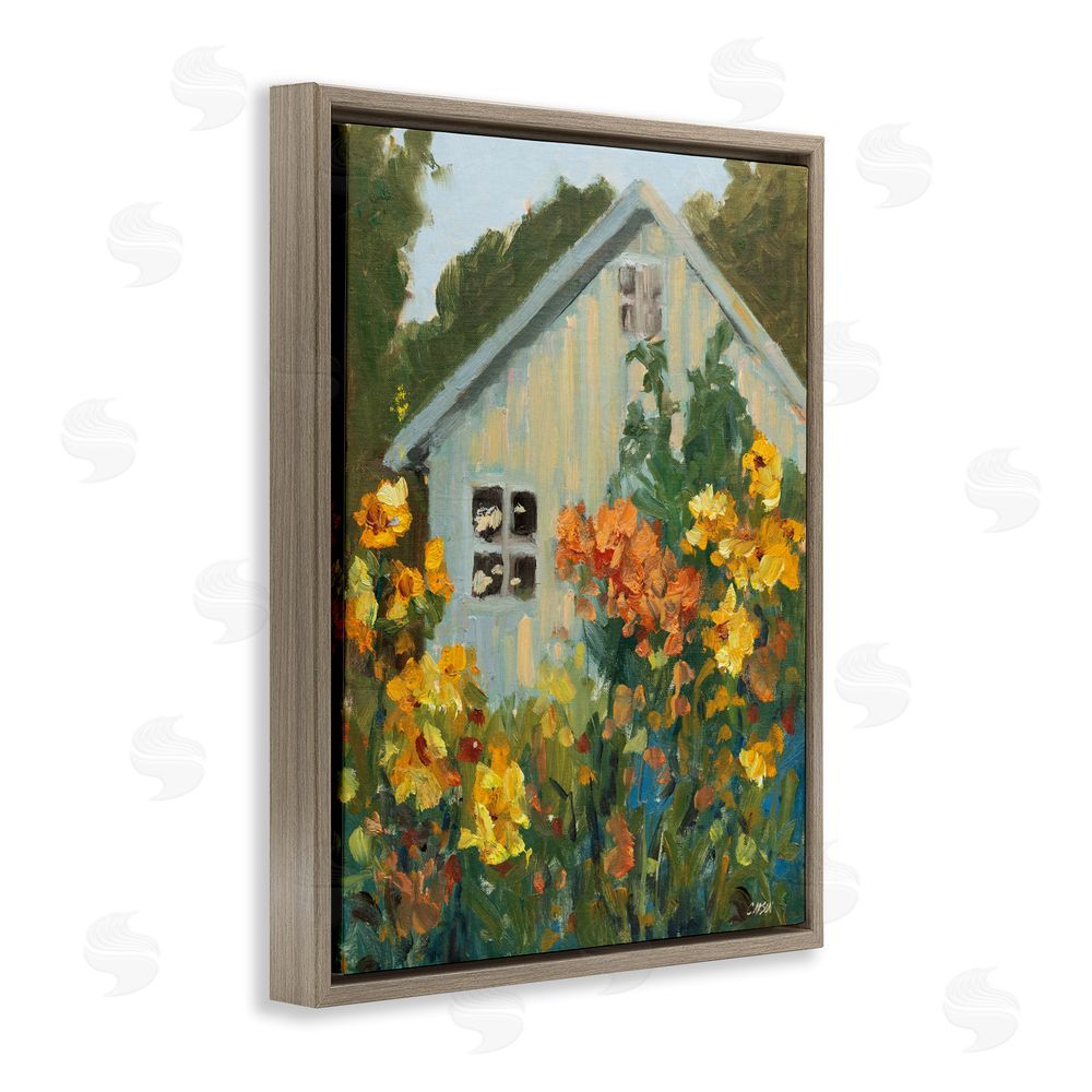 Carson Overstreet Sunlit Cottage Garden View Brown Floating Framed Canvas Wall Art Print