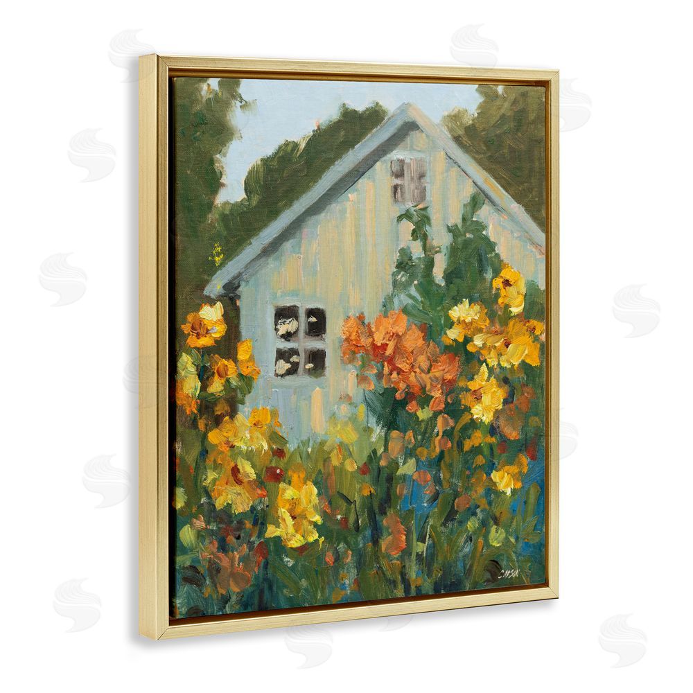 Carson Overstreet Sunlit Cottage Garden View Gold Floating Framed Canvas Wall Art Print