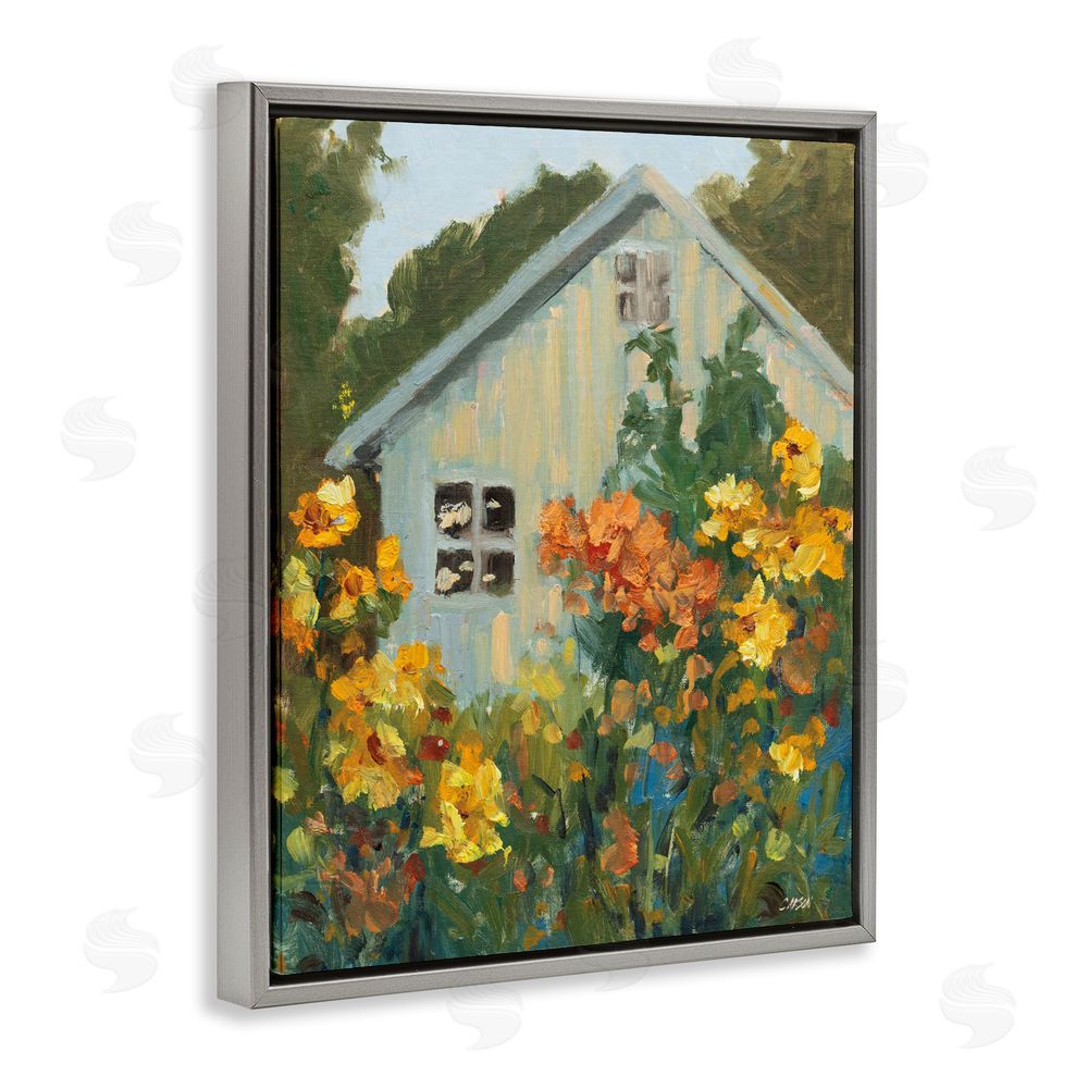 Carson Overstreet Sunlit Cottage Garden View Gray Floating Framed Canvas Wall Art Print