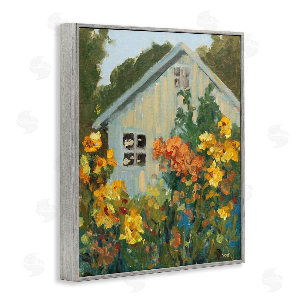 Carson Overstreet Sunlit Cottage Garden View Gray Framed Giclee Wall Art Print