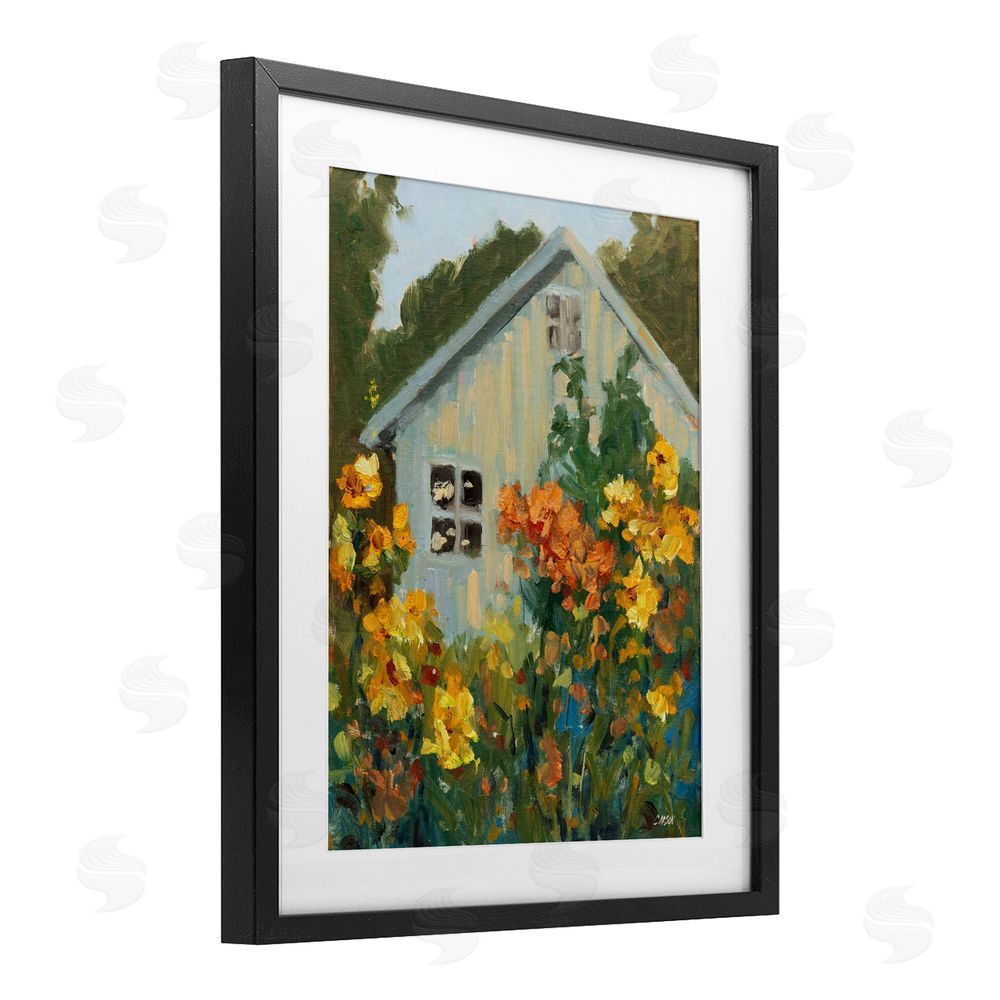 Carson Overstreet Sunlit Cottage Garden View Black Framed Print Under Glass with White Mat Wall Art