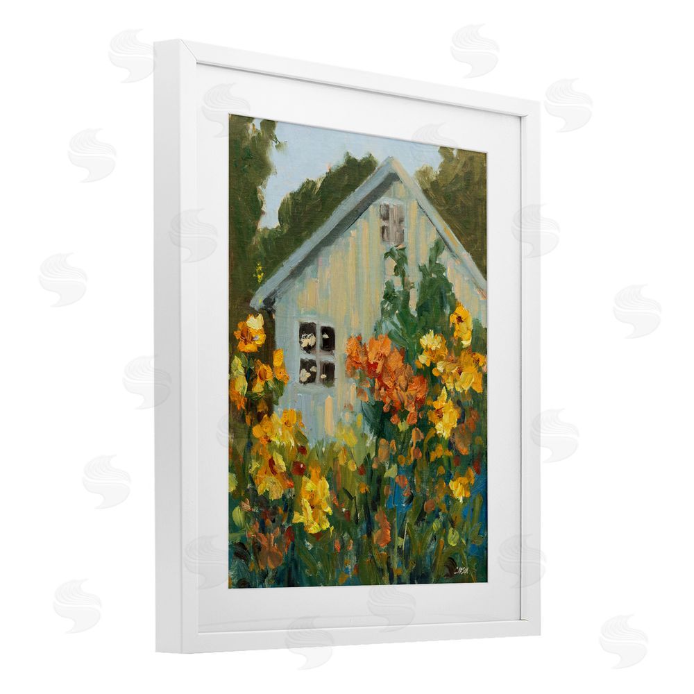 Carson Overstreet Sunlit Cottage Garden View White Framed Print Under Glass with White Mat Wall Art