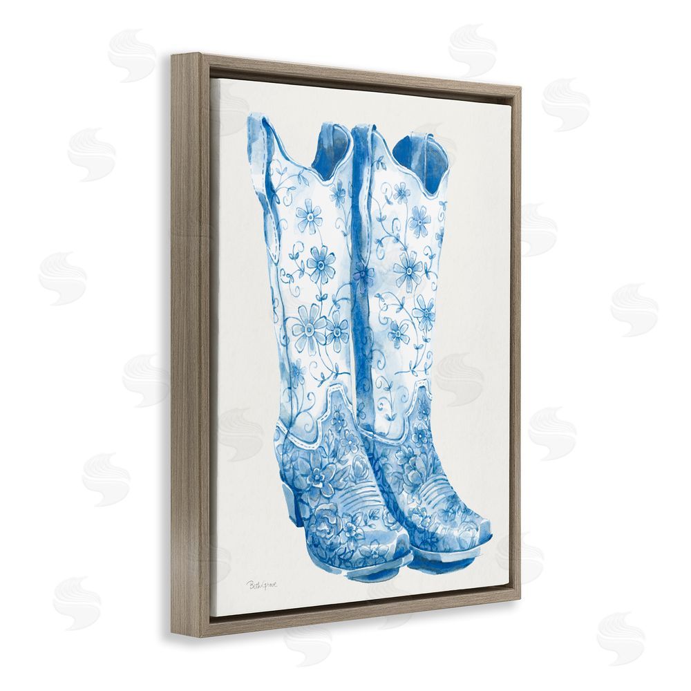 Beth Grove Blue Boots with Floral Embroidery Brown Floating Frame Stretched Canvas Wall Art Print