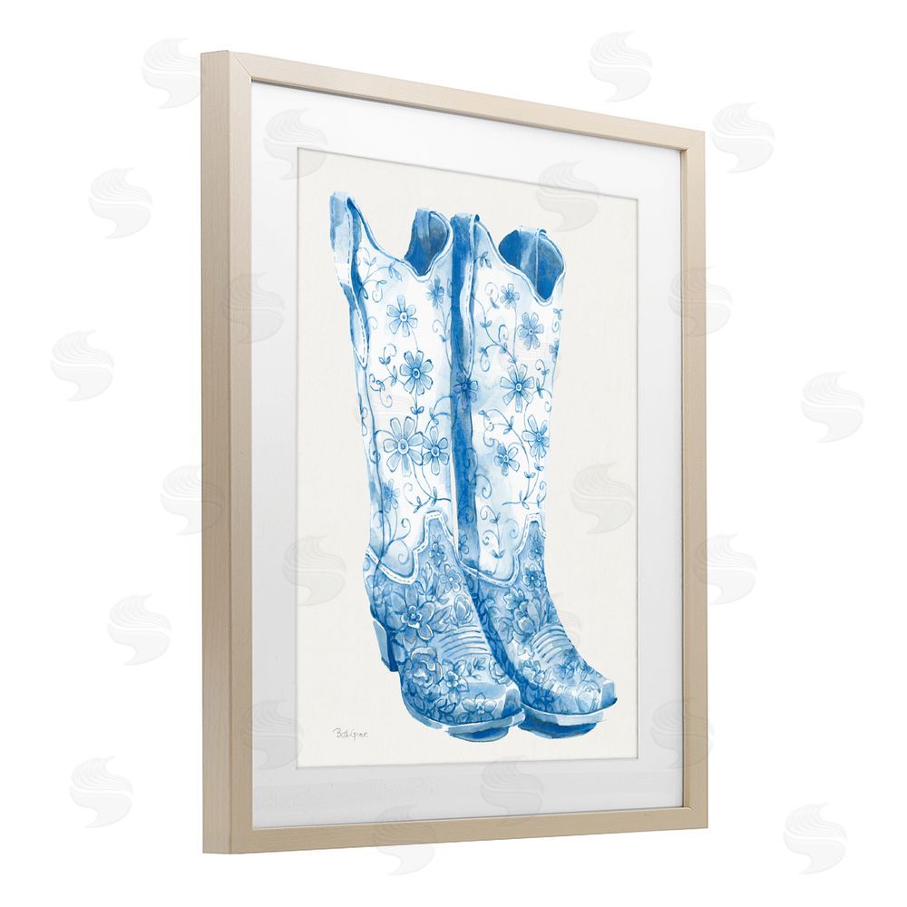 Beth Grove Blue Boots with Floral Embroidery Brown Framed Print Under Glass with Matting Wall Art