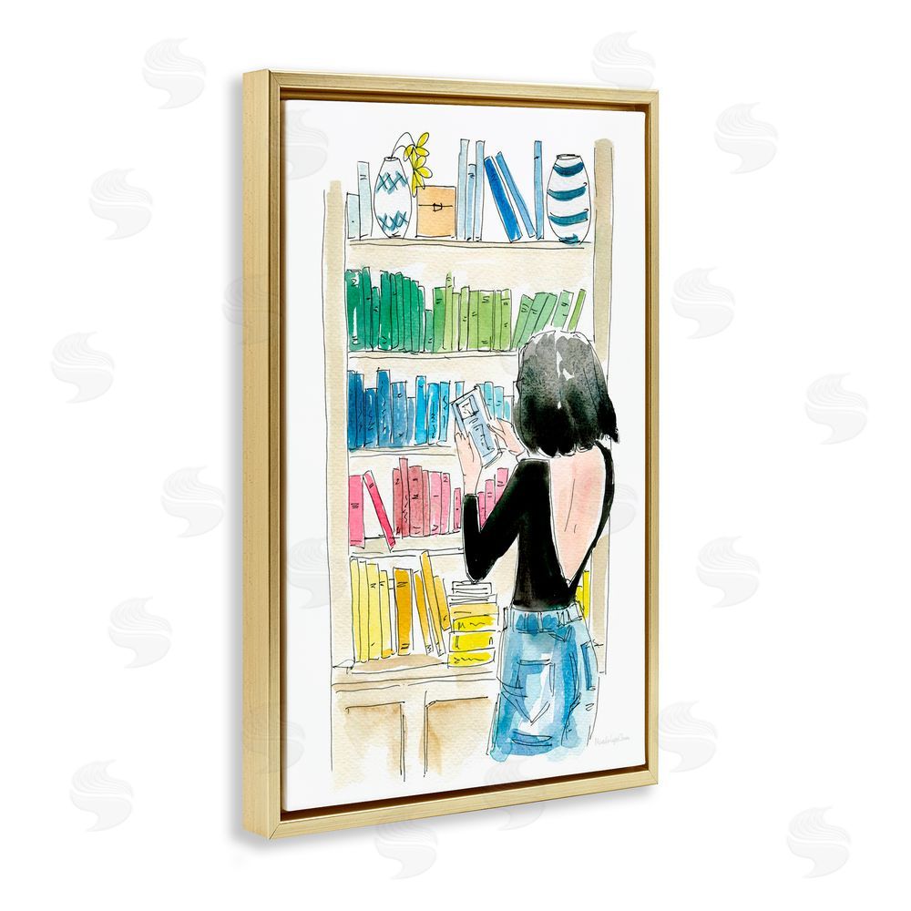 Mercedes Lopez Charro Browsing Home Library Gold Floating Frame Canvas Wall Art Print