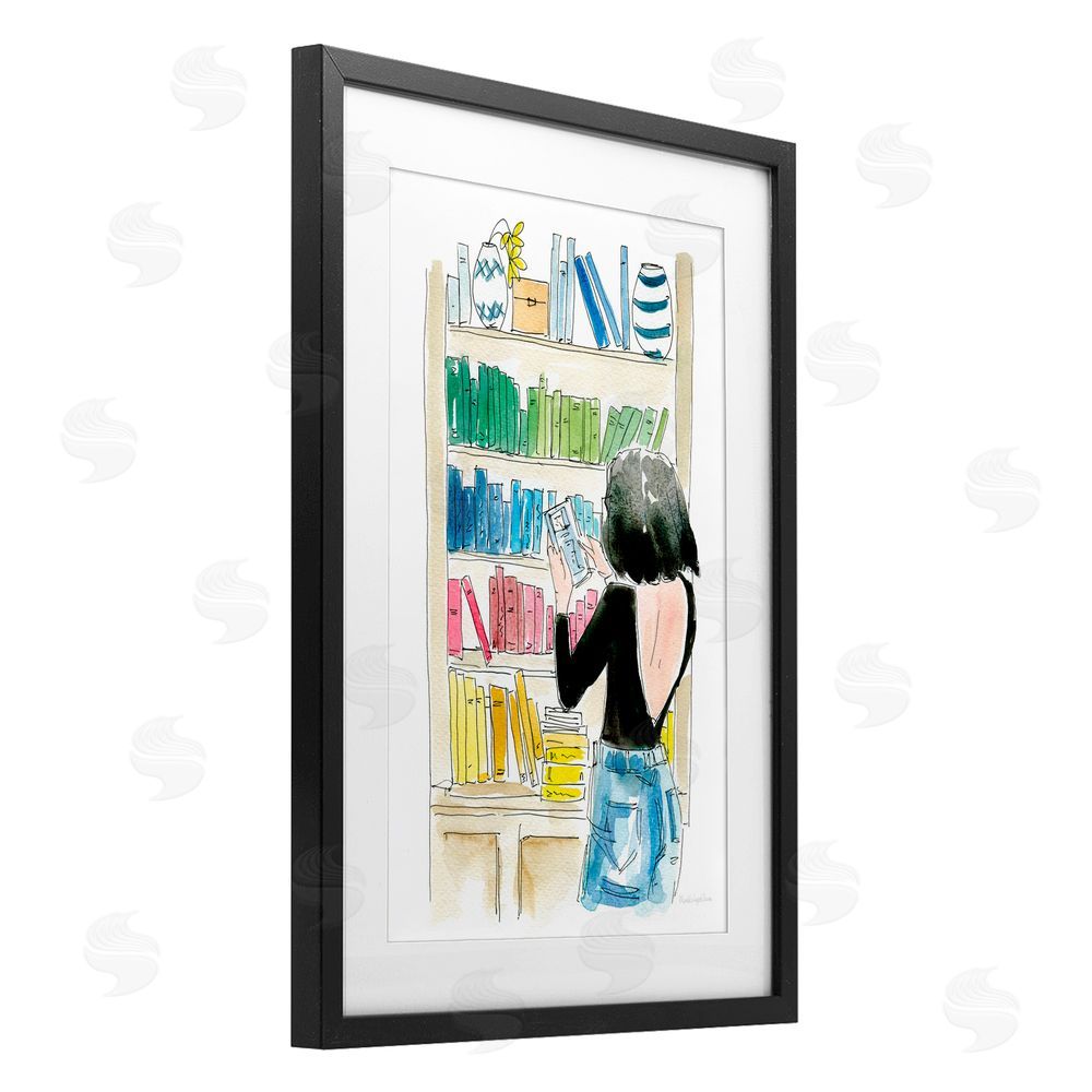 Mercedes Lopez Charro Browsing Home Library Black Framed Print Under Glass with White Mat Wall Art