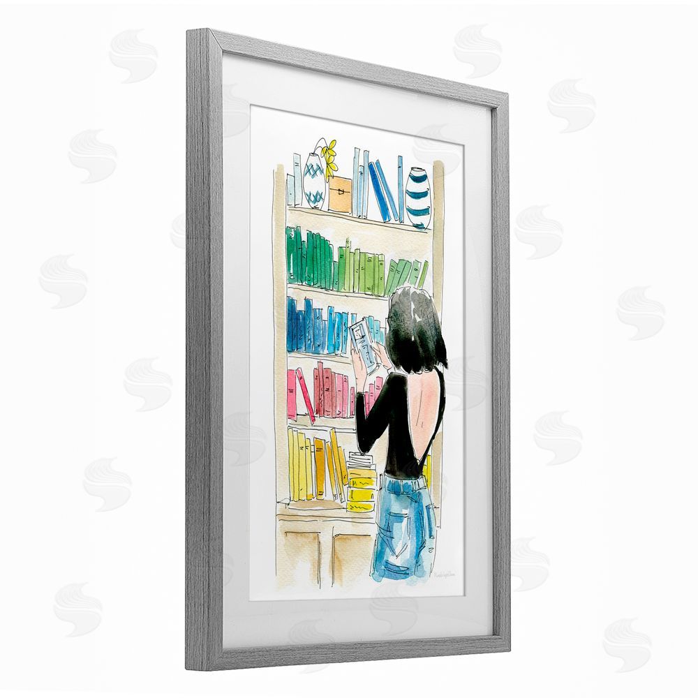 Mercedes Lopez Charro Browsing Home Library Gray Framed Print Under Glass with White Mat Wall Art
