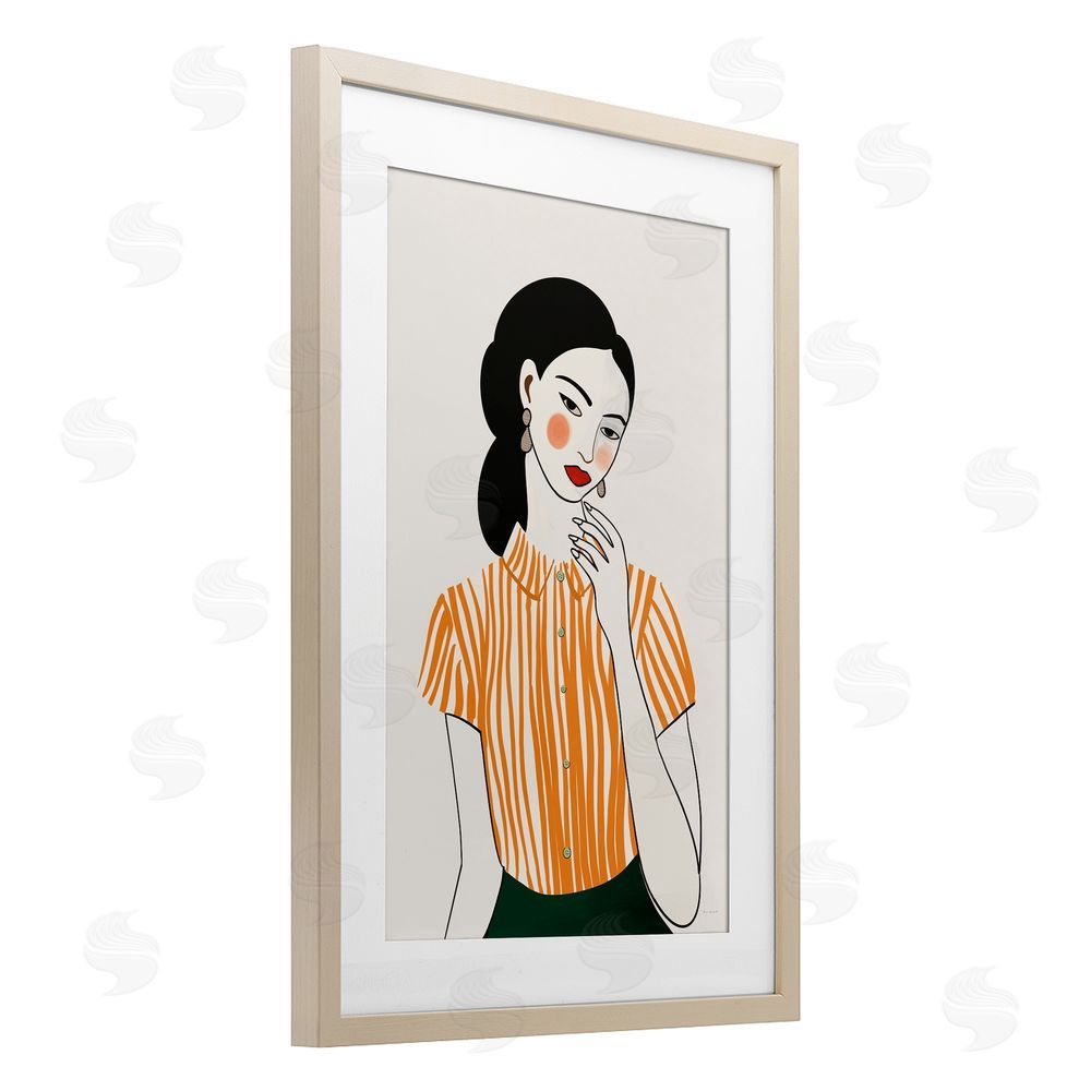 Omar Escalante Woman in Orange Blouse Brown Framed Print Under Glass with White Mat Wall Art