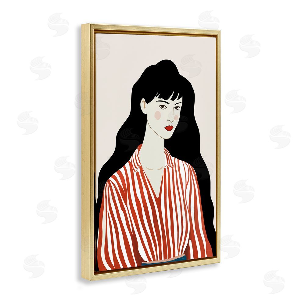 Omar Escalante Woman in Striped Blouse Gold Floating Framed Canvas Wall Art Print