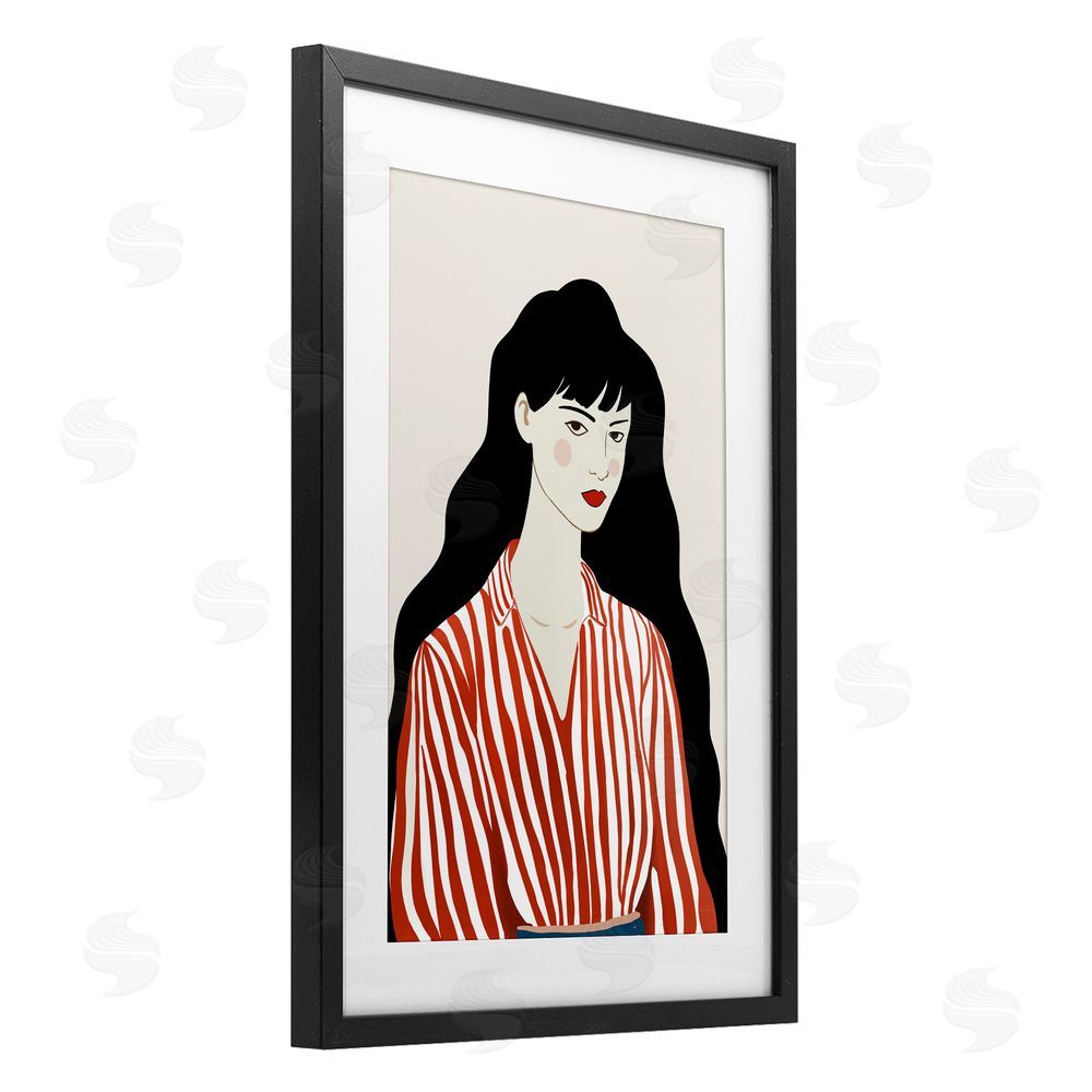 Omar Escalante Woman in Striped Blouse Black Framed Print Under Glass with White Mat Wall Art