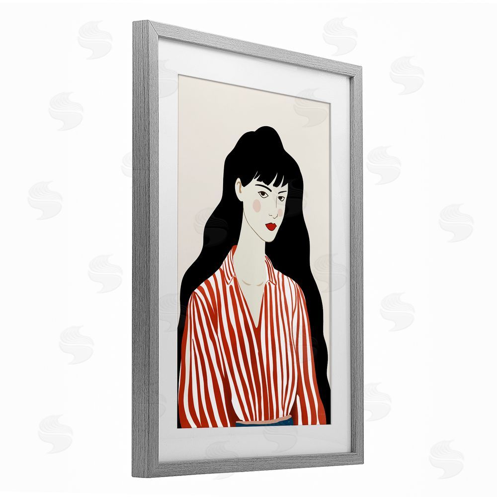 Omar Escalante Woman in Striped Blouse Gray Framed Print Under Glass with White Mat Wall Art