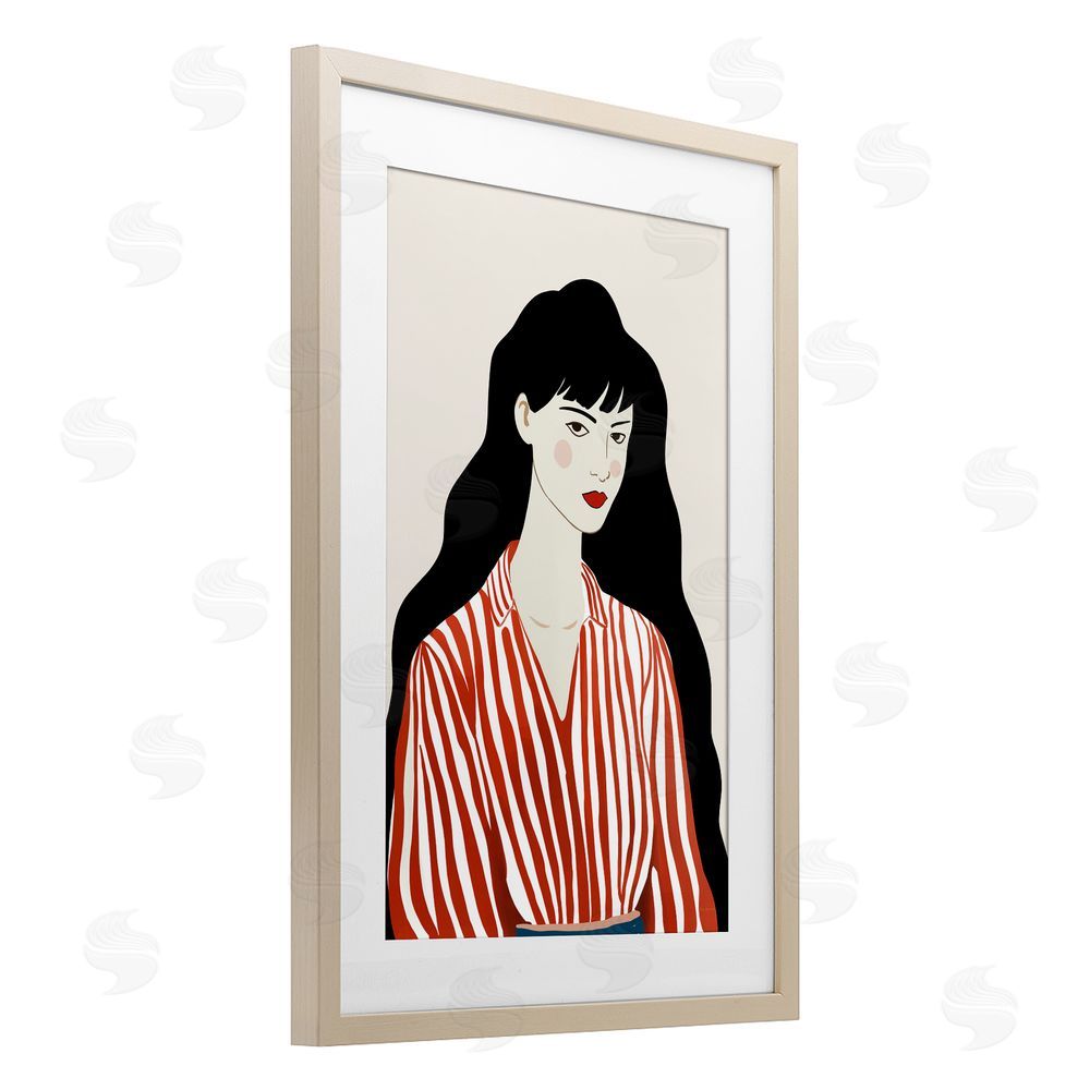 Omar Escalante Woman in Striped Blouse Brown Framed Print Under Glass with White Mat Wall Art