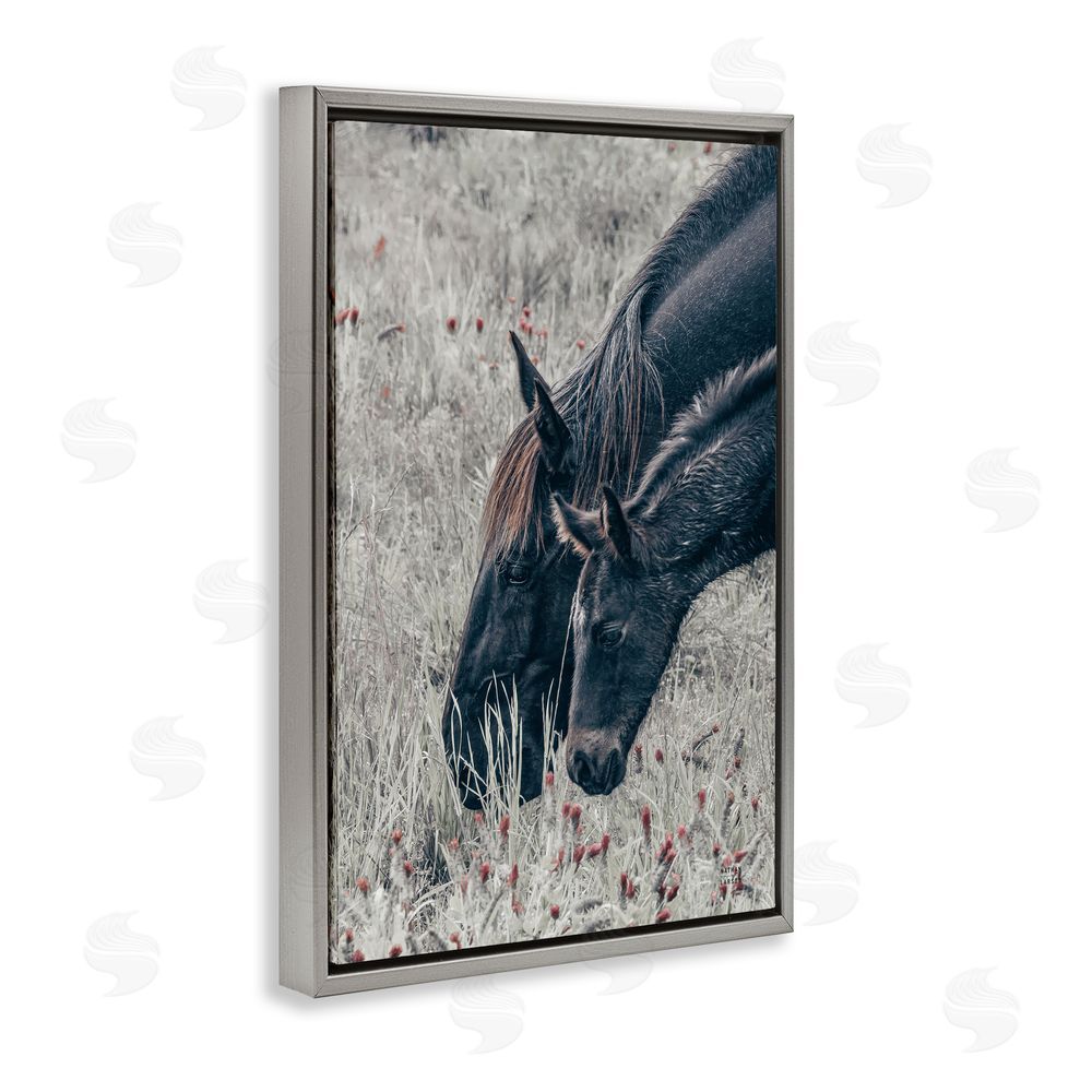 Nathan Larson New Graze Horses in Meadow Gray Floating Framed Canvas Wall Art