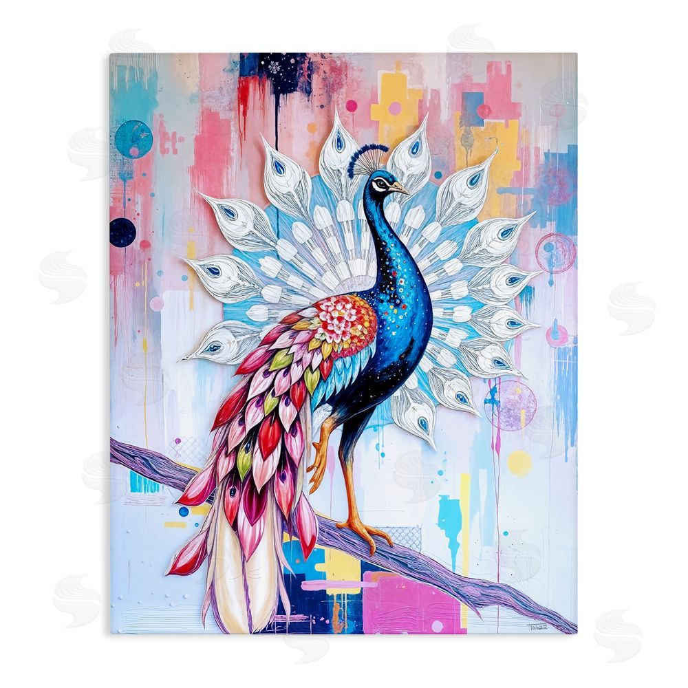 Tabz Jones Radiant Peacock on Branch Stretched Canvas Wall Art Print