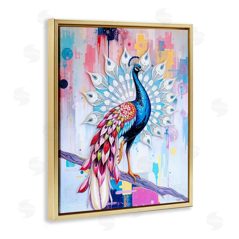 Tabz Jones Radiant Peacock on Branch Gold Floating Frame Canvas Wall Art Print