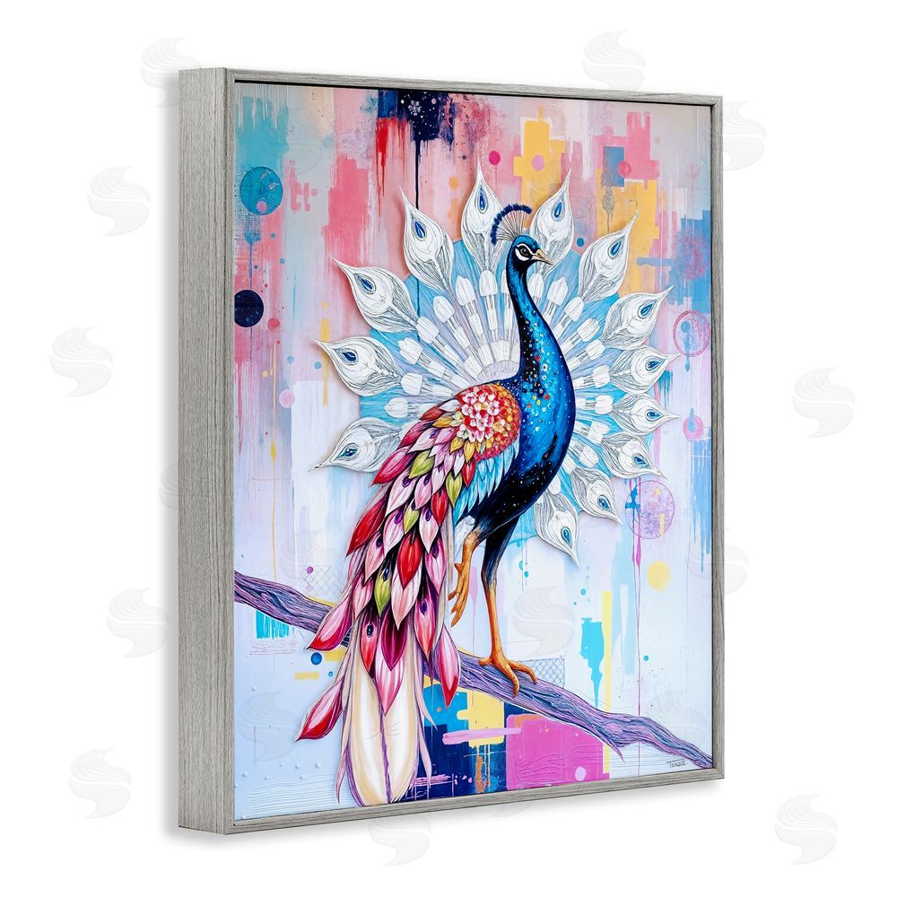 Tabz Jones Radiant Peacock on Branch Gray Framed Giclee Wall Art Print