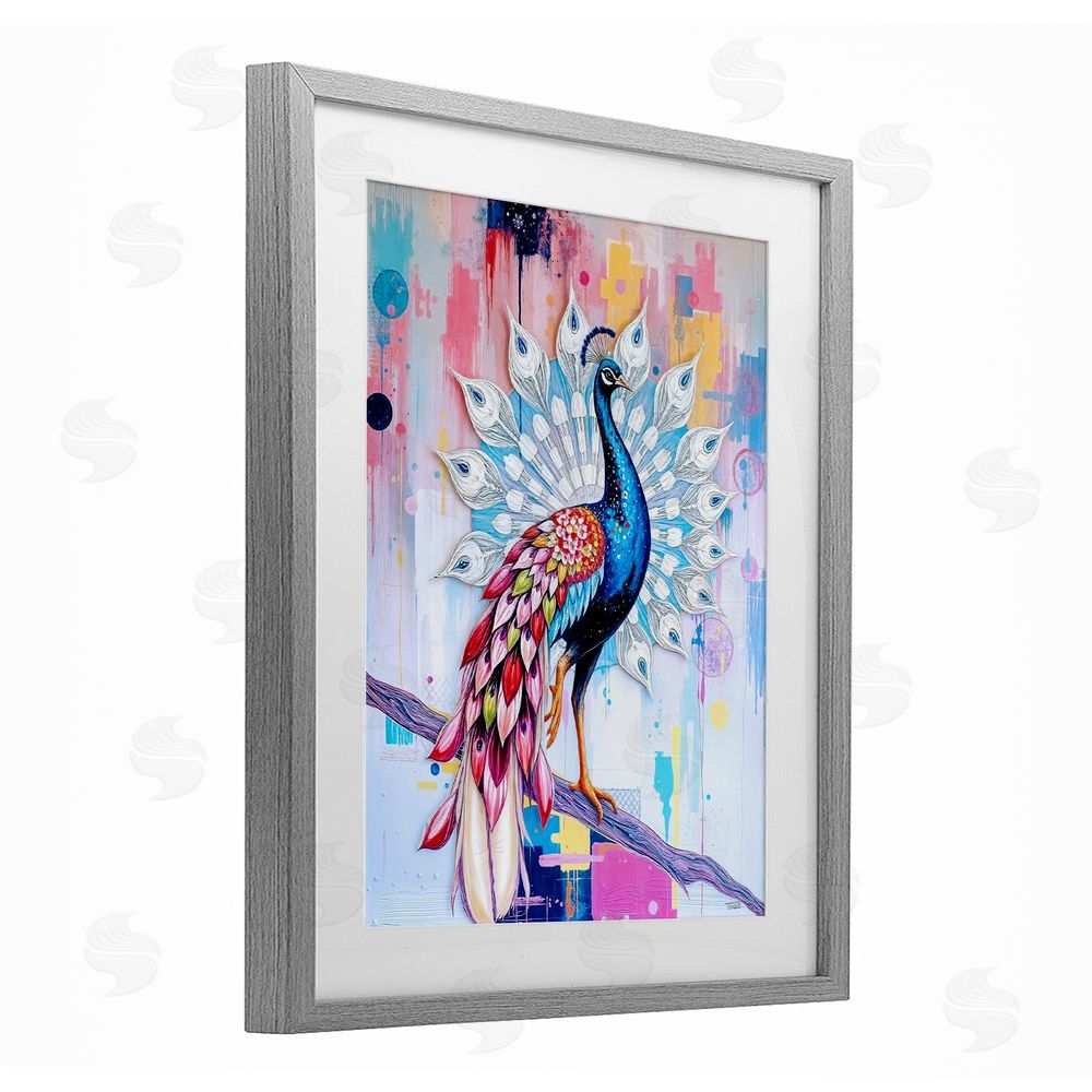 Tabz Jones Radiant Peacock on Branch Gray Framed Print Under Glass Wall Art