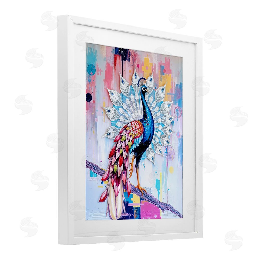 Tabz Jones Radiant Peacock on Branch White Framed Print Under Glass Wall Art
