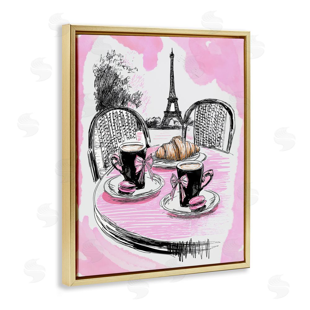 Jess Stempel Pink Parisian Cafe Breakfast Gold Floating Frame Canvas Wall Art Print