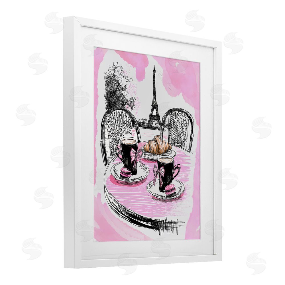 Jess Stempel Pink Parisian Cafe Breakfast White Framed Print Under Glass Wall Art