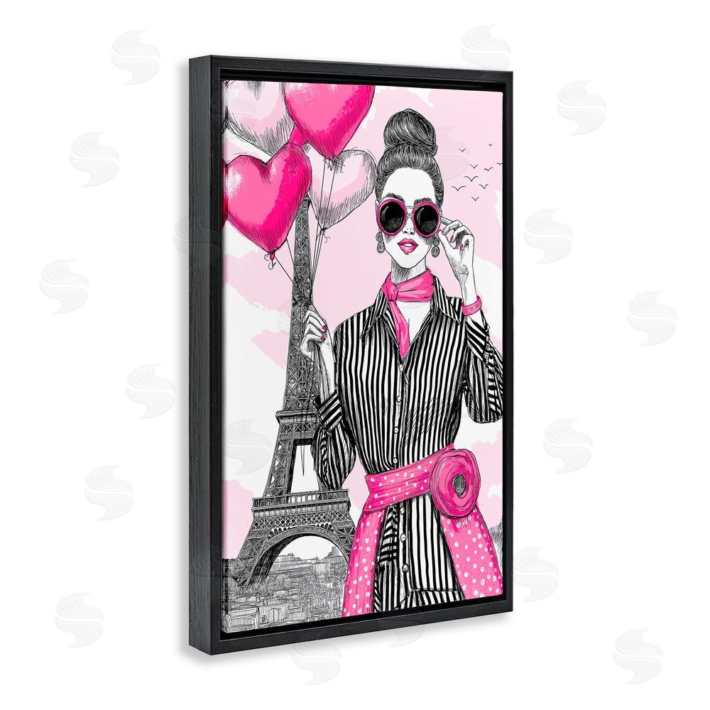 Jess Stempel Parisian Chic Woman with Balloons Black Floating Frame Canvas Wall Art Print