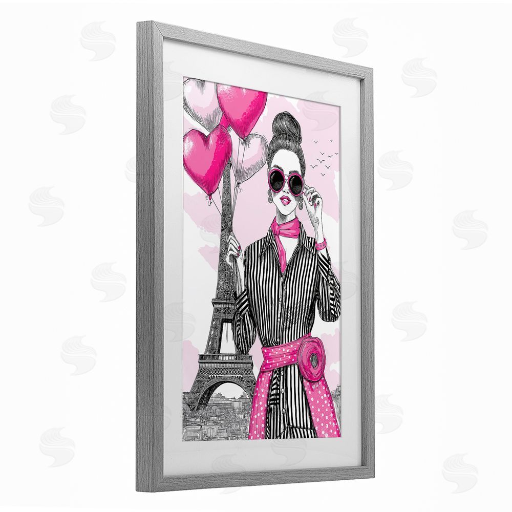 Jess Stempel Parisian Chic Woman with Balloons Gray Framed Print Under Glass Wall Art