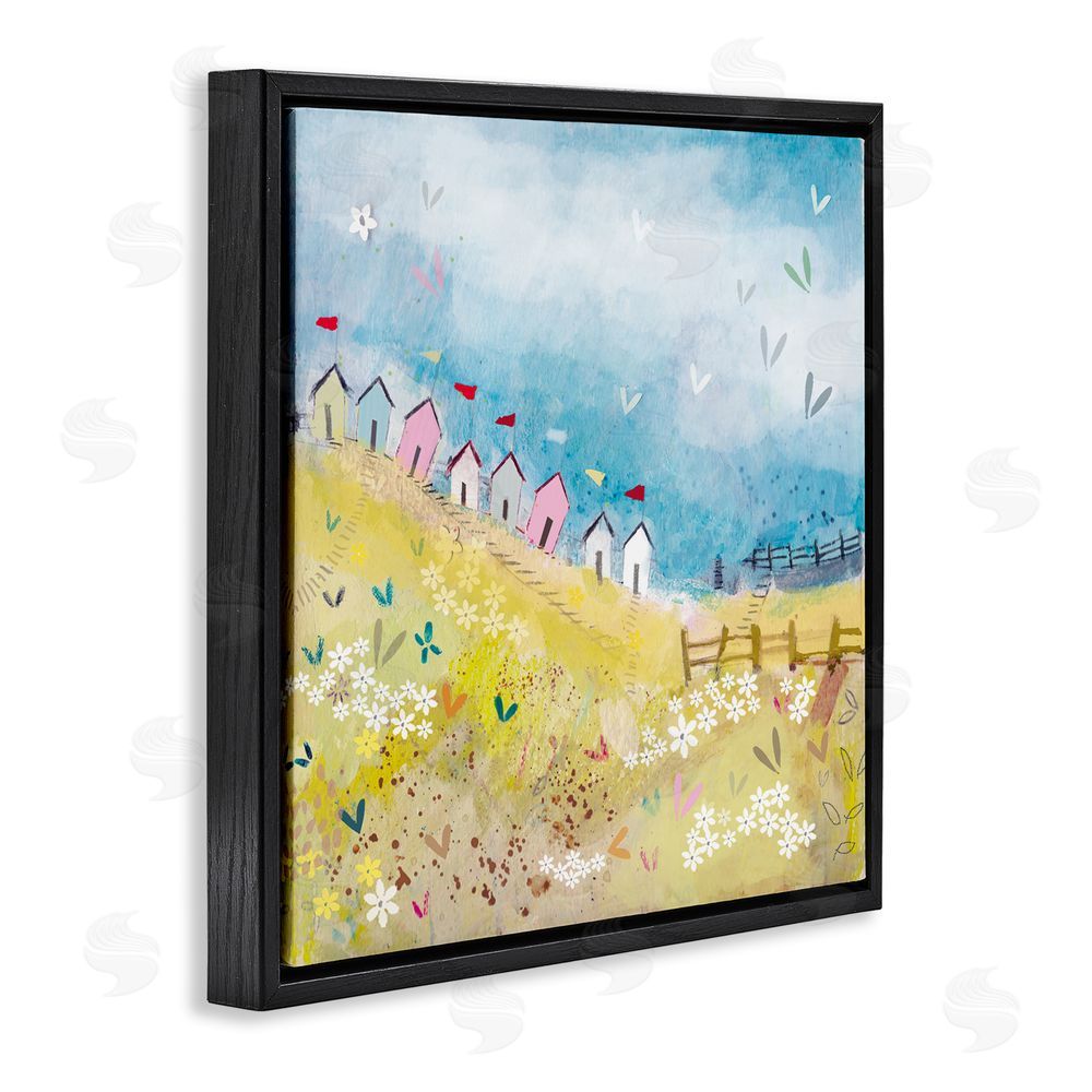 Clare Tupper Beach Huts on Hillside Black Floating Frame Canvas Wall Art Print