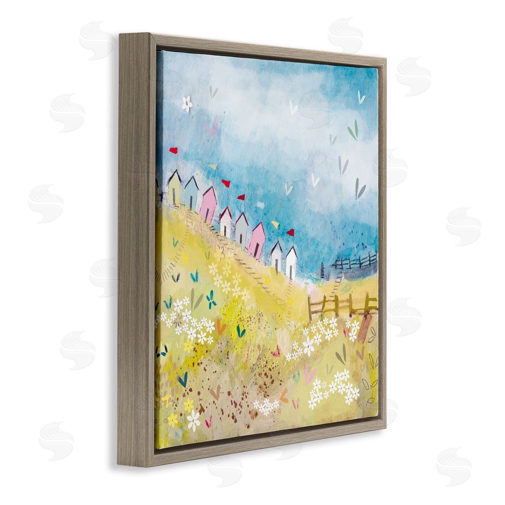 Clare Tupper Beach Huts on Hillside Brown Floating Frame Canvas Wall Art Print