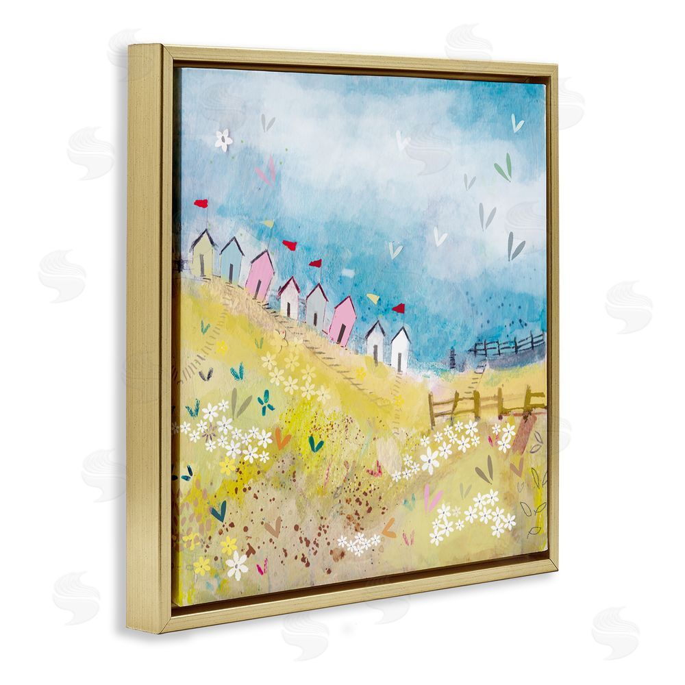 Clare Tupper Beach Huts on Hillside Gold Floating Frame Canvas Wall Art Print
