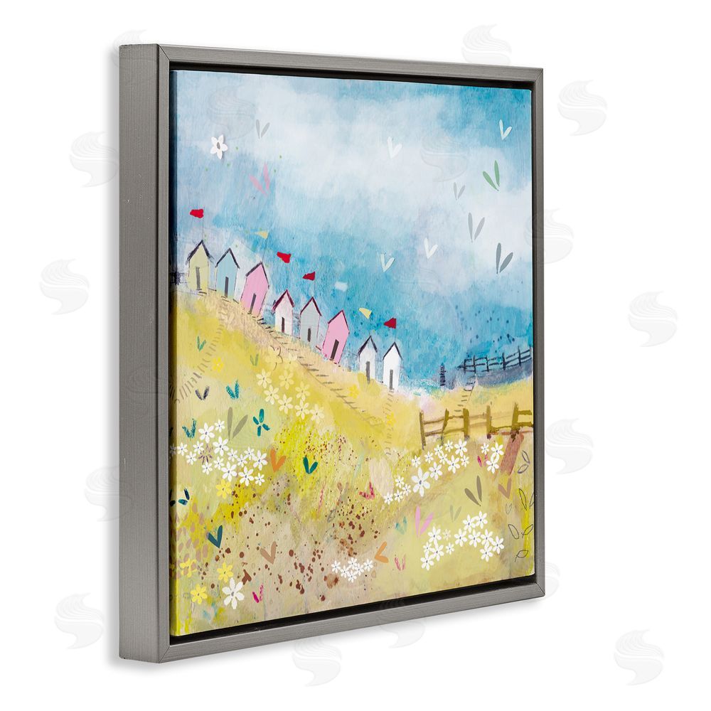 Clare Tupper Beach Huts on Hillside Gray Floating Frame Canvas Wall Art Print