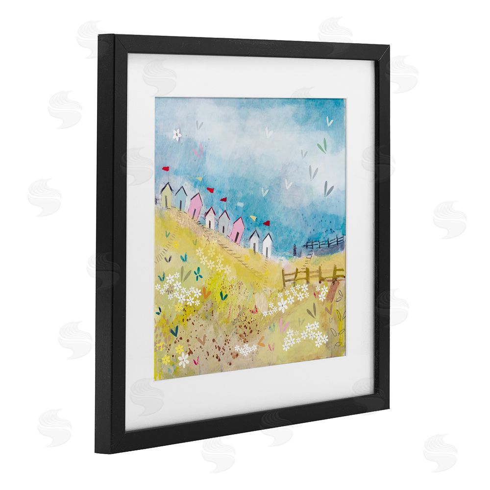 Clare Tupper Beach Huts on Hillside Black Framed Print Under Glass with White Mat Wall Art