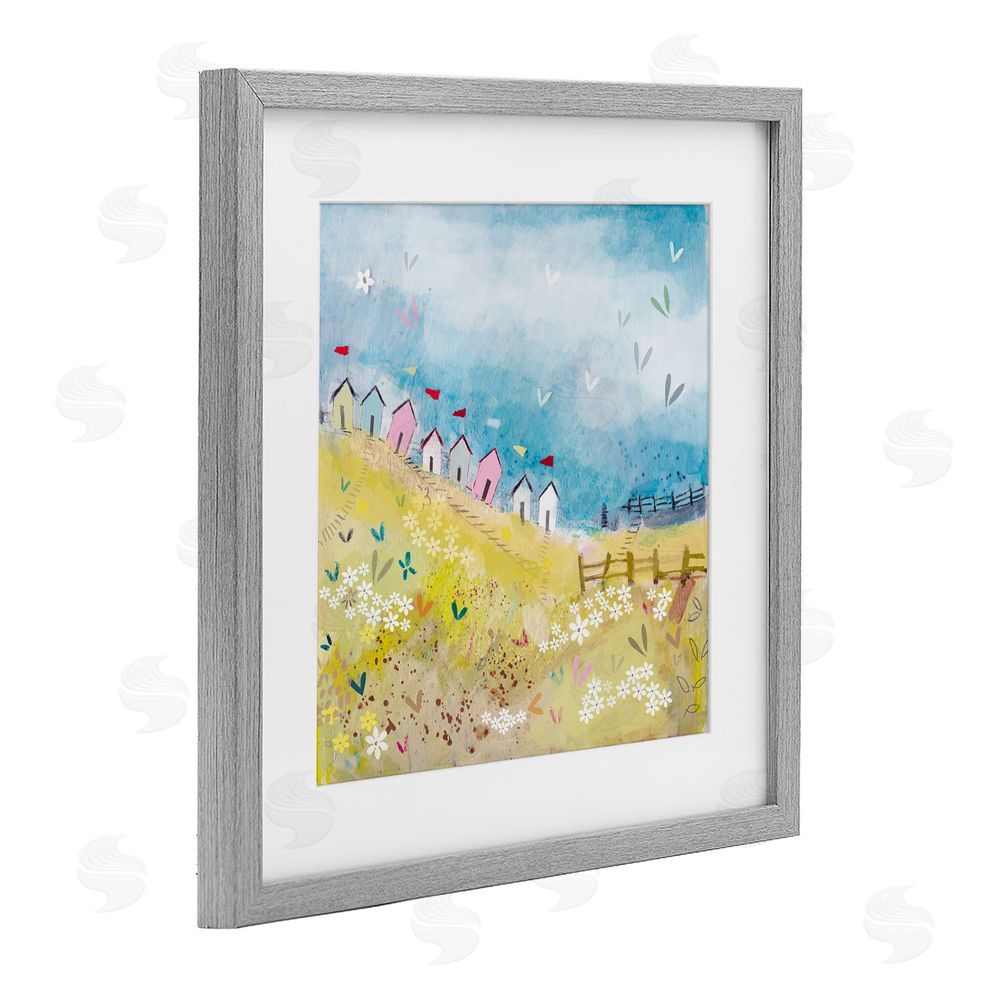 Clare Tupper Beach Huts on Hillside Gray Framed Print Under Glass with White Mat Wall Art
