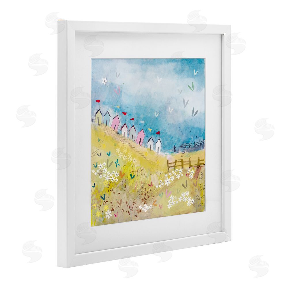Clare Tupper Beach Huts on Hillside White Framed Print Under Glass with Mat Wall Art