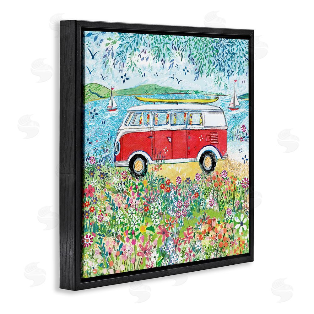 Clare Tupper Red Campervan Ready For Surf Black Floating Frame Canvas Wall Art Print