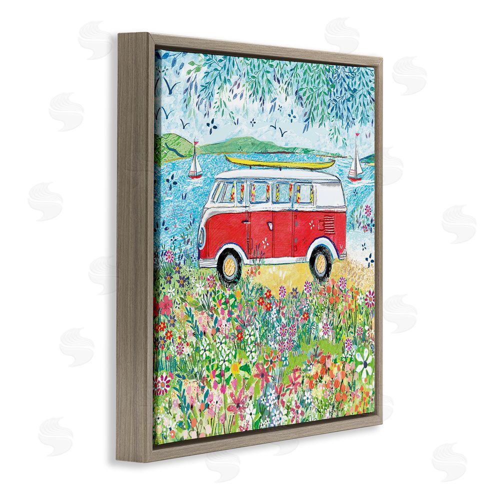 Clare Tupper Red Campervan Ready For Surf Brown Floating Frame Canvas Wall Art Print