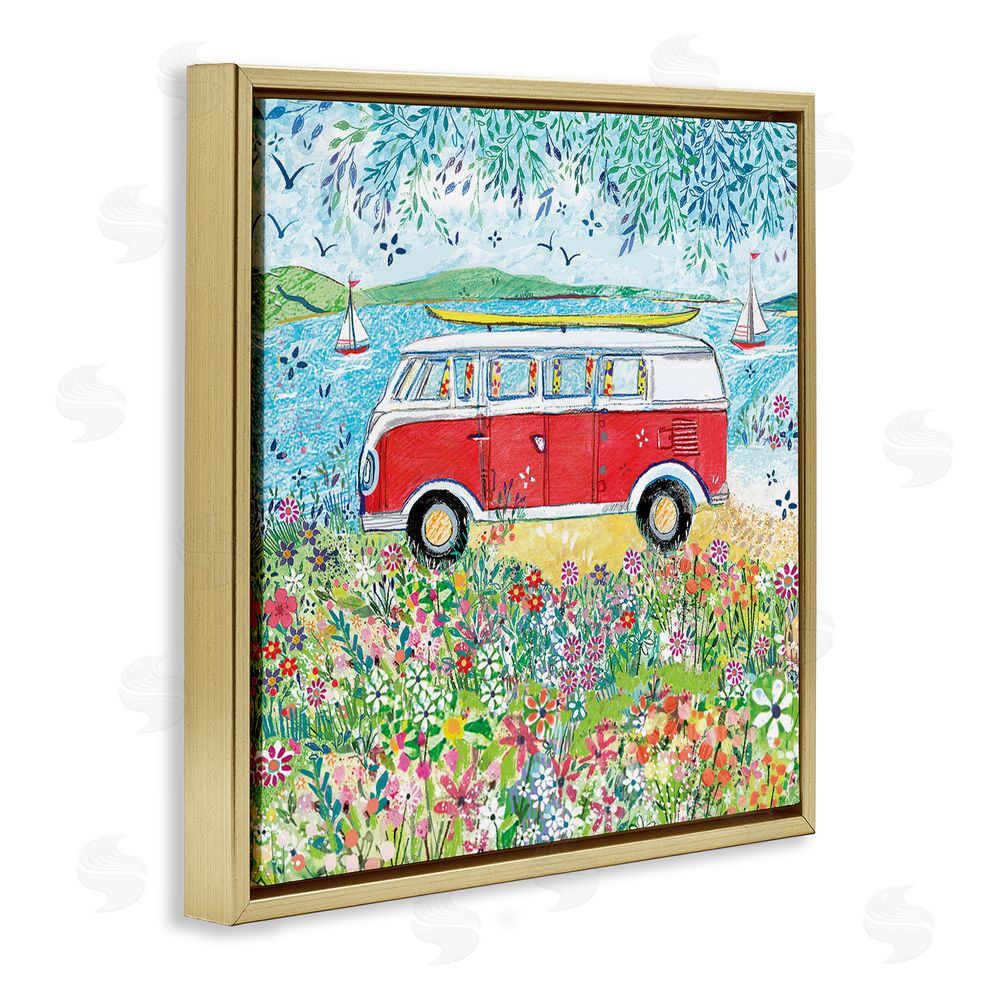 Clare Tupper Red Campervan Ready For Surf Gold Floating Frame Canvas Wall Art Print