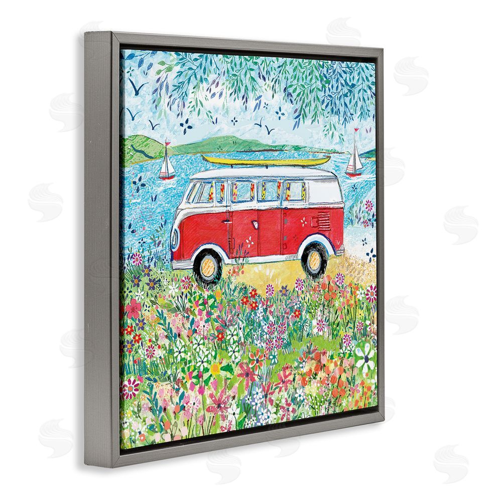 Clare Tupper Red Campervan Ready For Surf Gray Floating Frame Canvas Wall Art Print