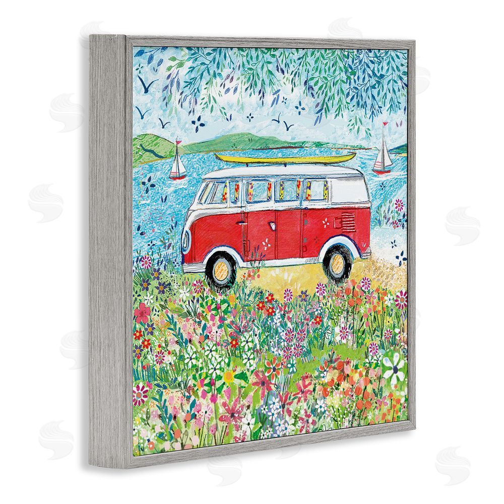 Clare Tupper Red Campervan Ready For Surf Gray Framed Giclee Wall Art Print