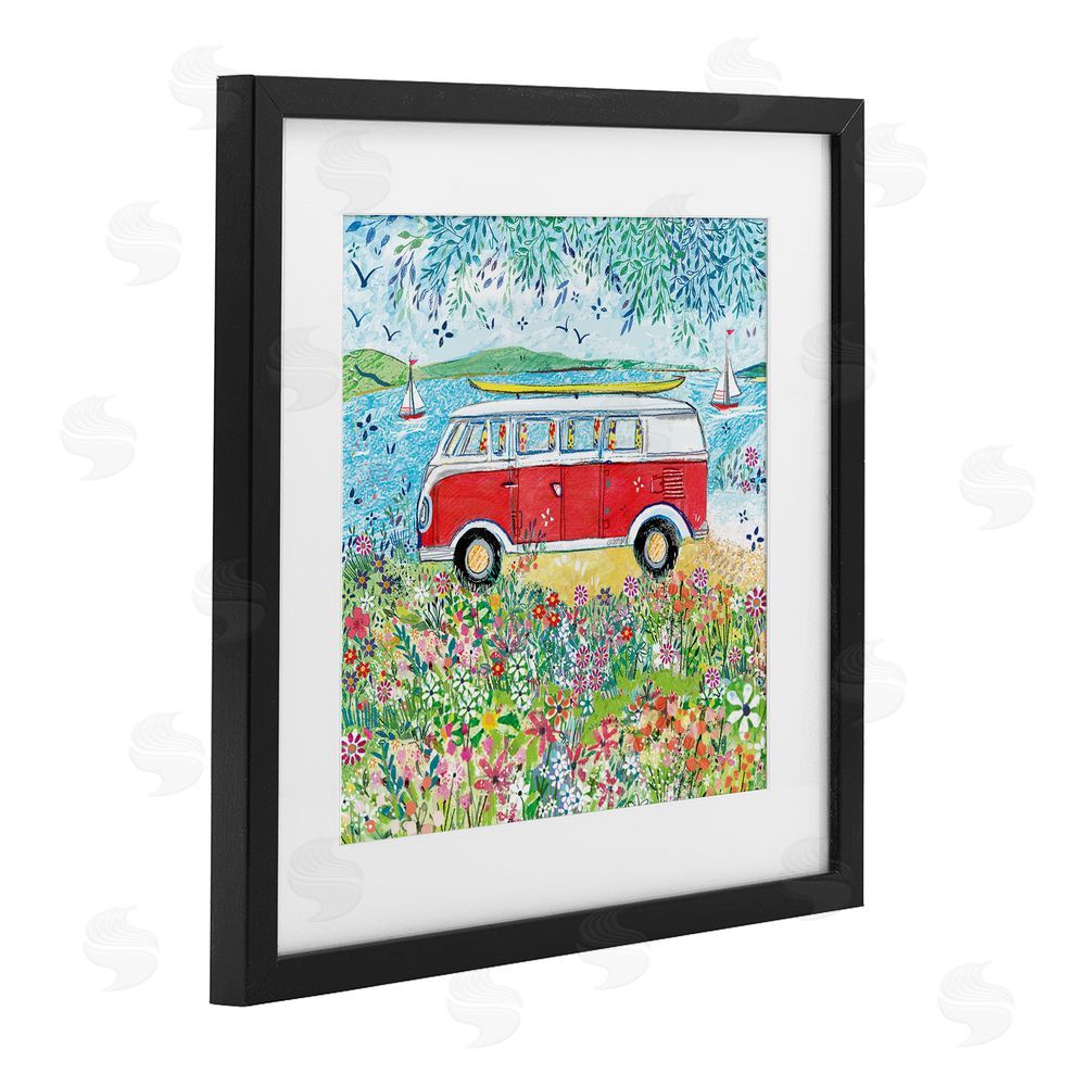 Clare Tupper Red Campervan Ready For Surf Black Framed Print Under Glass with White Mat Wall Art
