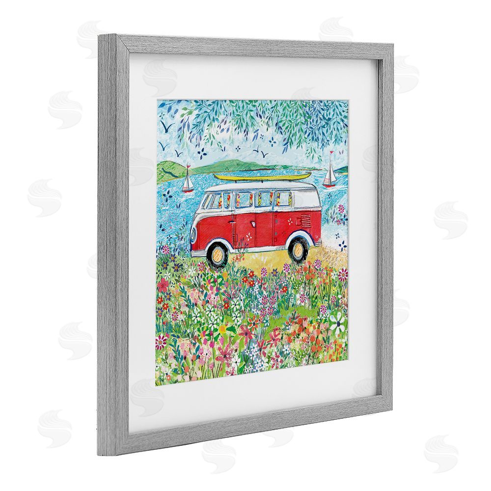 Clare Tupper Red Campervan Ready For Surf Gray Framed Print Under Glass with White Mat Wall Art
