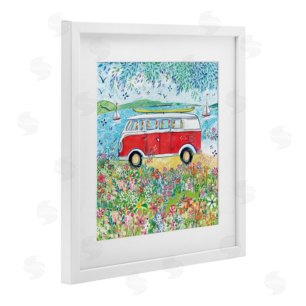 Clare Tupper Red Campervan Ready For Surf White Framed Print Under Glass with Mat Wall Art
