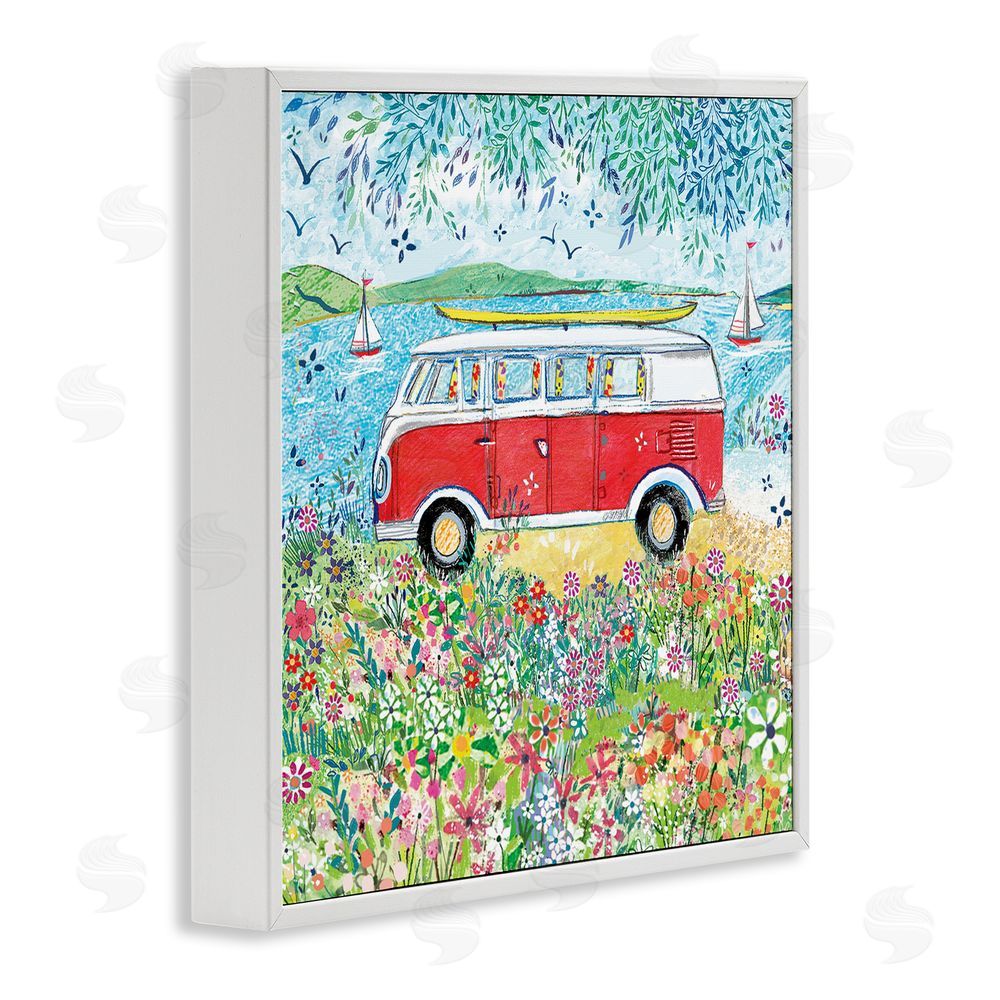 Clare Tupper Red Campervan Ready For Surf White Framed Giclee Wall Art Print