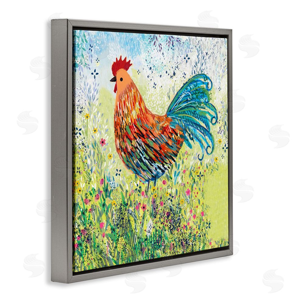 Clare Tupper Cockerel Rooster in Colorful Garden Gray Floating Frame Canvas Wall Art Print