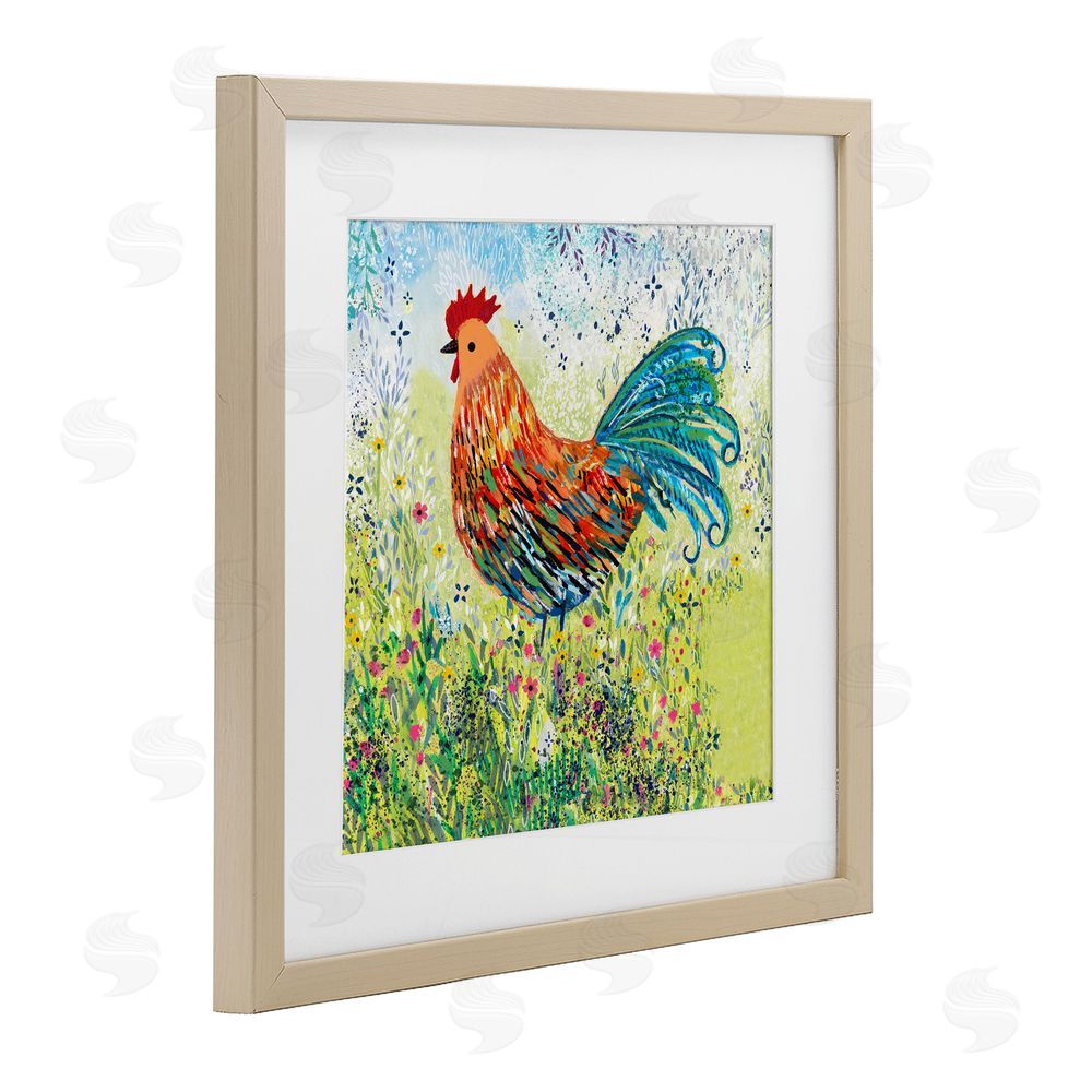 Clare Tupper Cockerel Rooster in Colorful Garden Birch Framed Print Under Glass with White Mat Wall Art