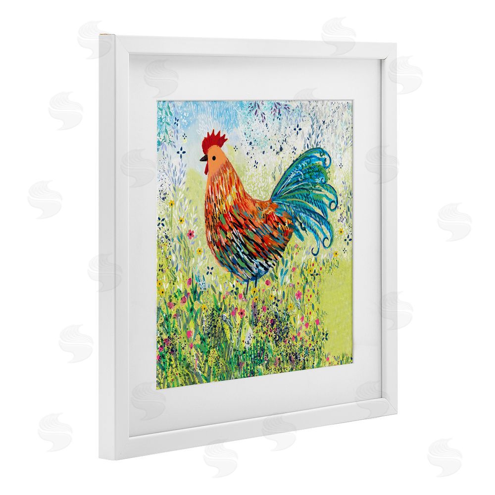 Clare Tupper Cockerel Rooster in Colorful Garden White Framed Print Under Glass with Mat Wall Art