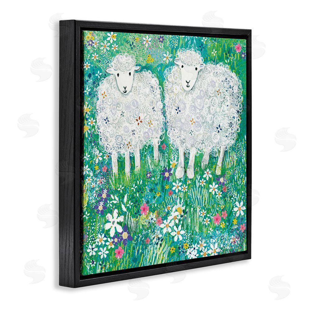 Clare Tupper Wooly Sheep with Scattered Flowers Black Floating Frame Canvas Wall Art Print