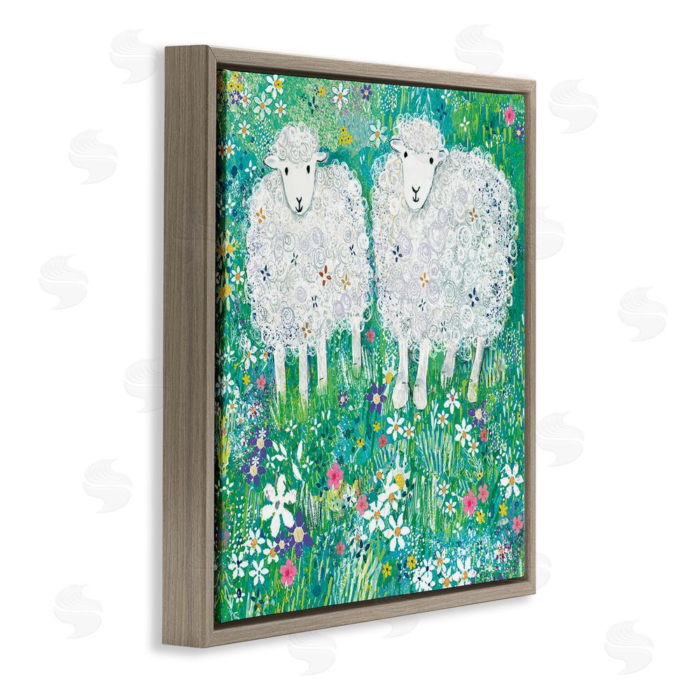 Clare Tupper Wooly Sheep with Scattered Flowers Brown Floating Frame Canvas Wall Art Print