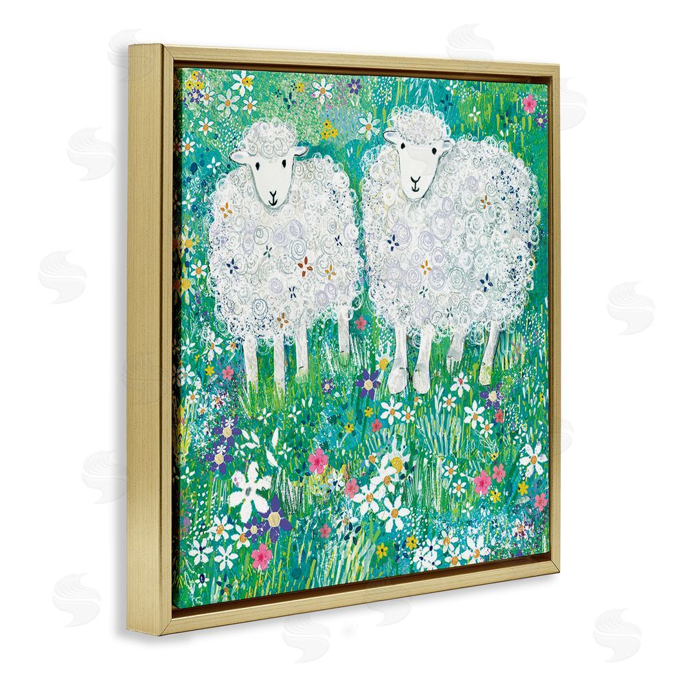Clare Tupper Wooly Sheep with Scattered Flowers Gold Floating Frame Canvas Wall Art Print
