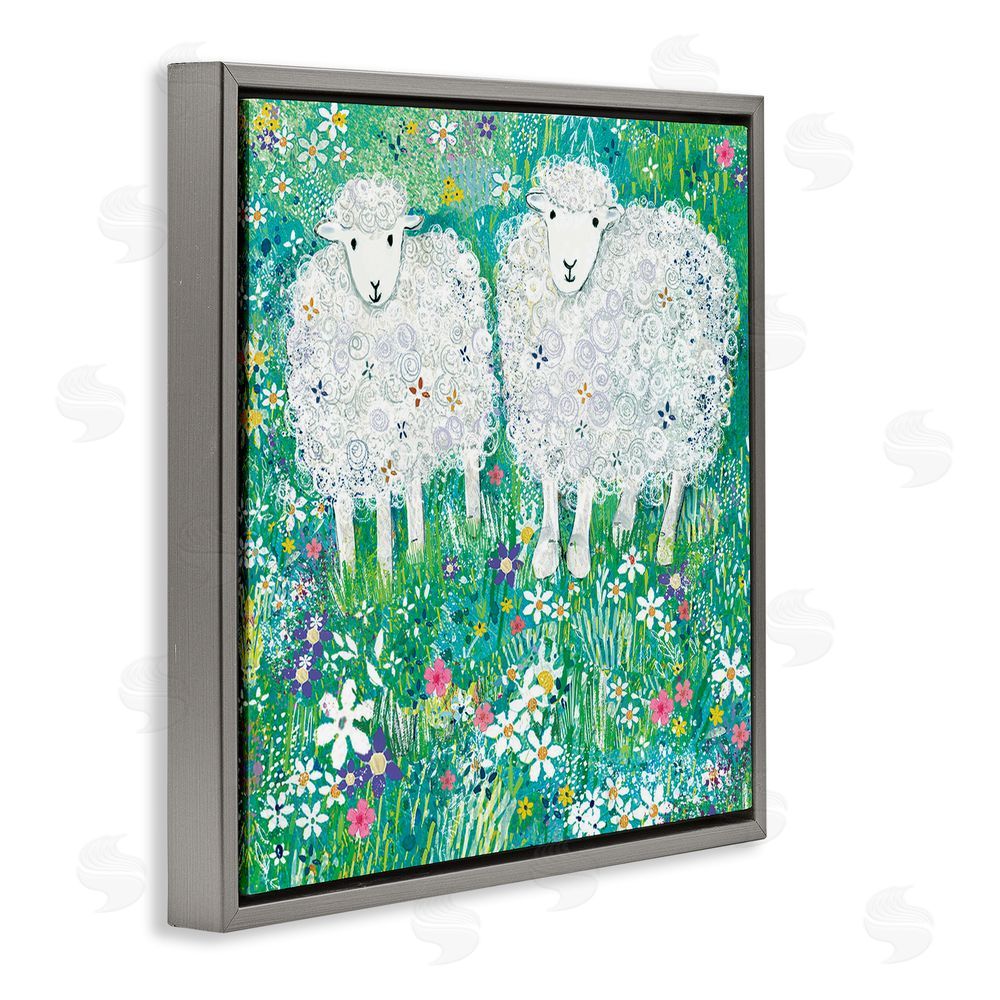 Clare Tupper Wooly Sheep with Scattered Flowers Gray Floating Frame Canvas Wall Art Print