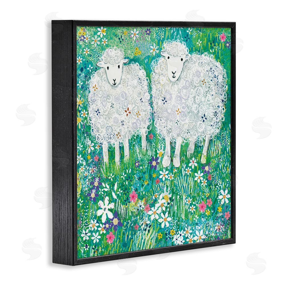 Clare Tupper Wooly Sheep with Scattered Flowers Black Framed Giclee Wall Art Print